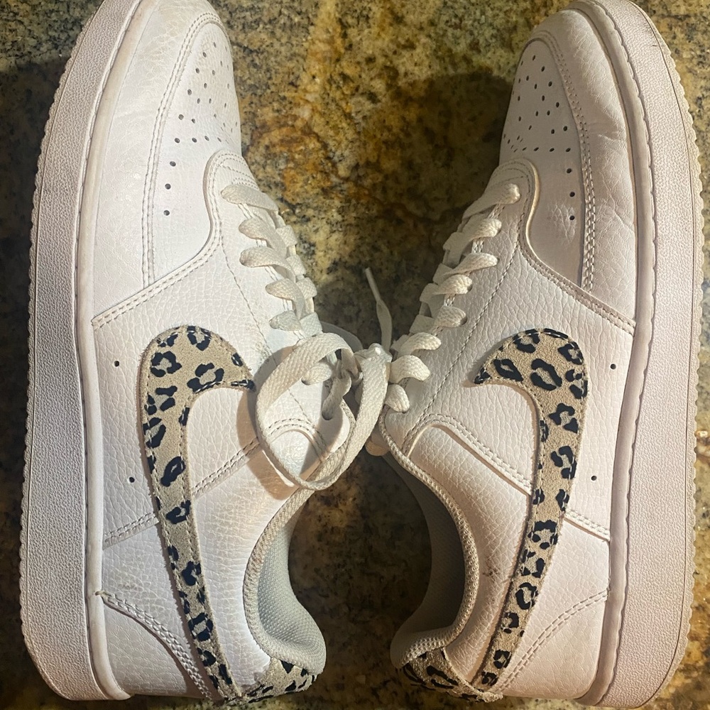 Nike Women's White Sneakers with Leopard Swoosh